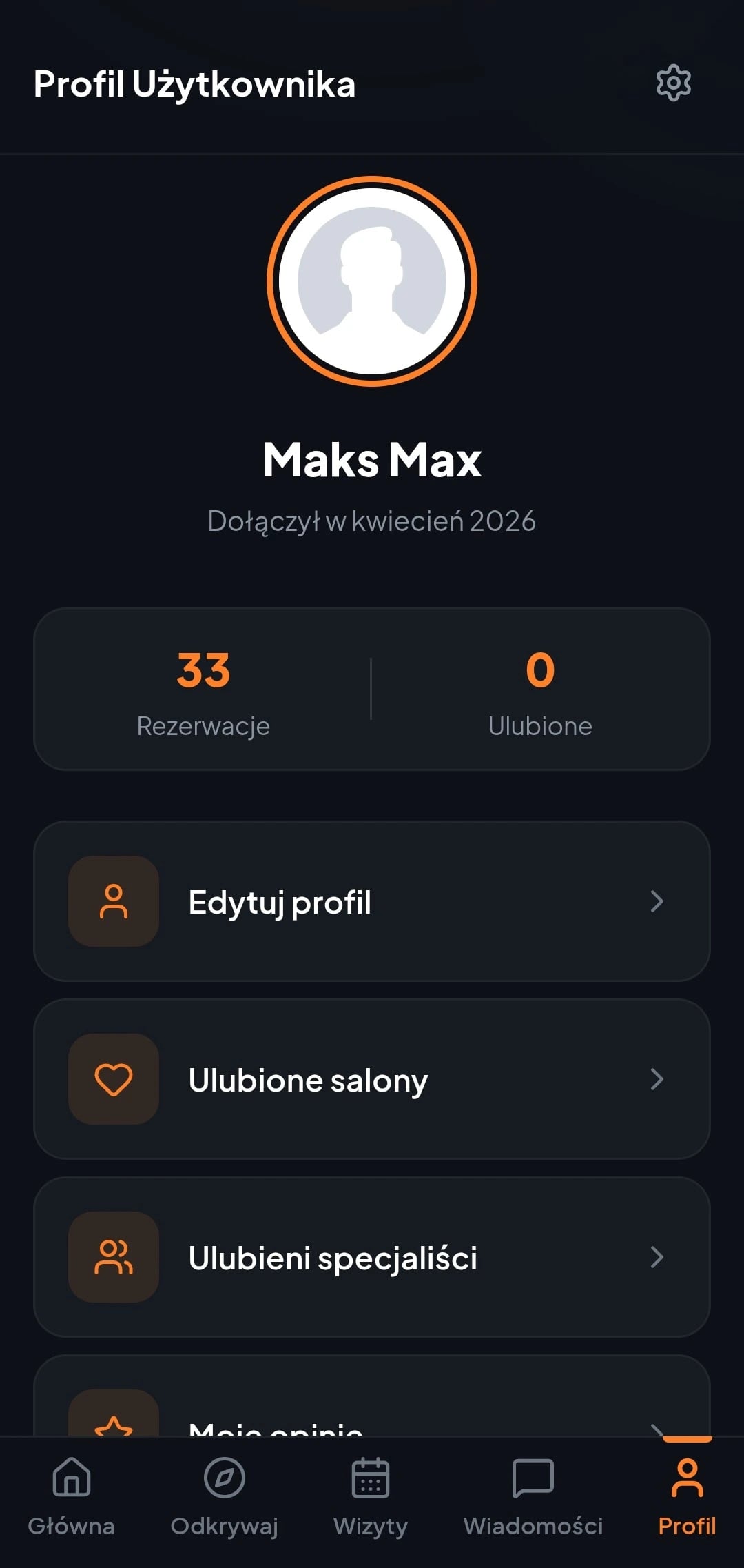 Meety — profil użytkownika z historią rezerwacji