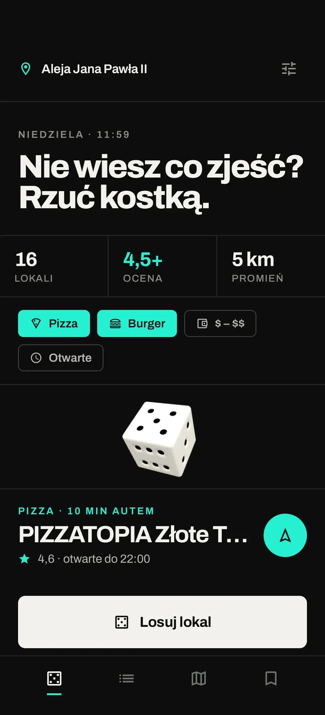 Yummy — ekran losowania z kostką 3D i aktywnymi filtrami